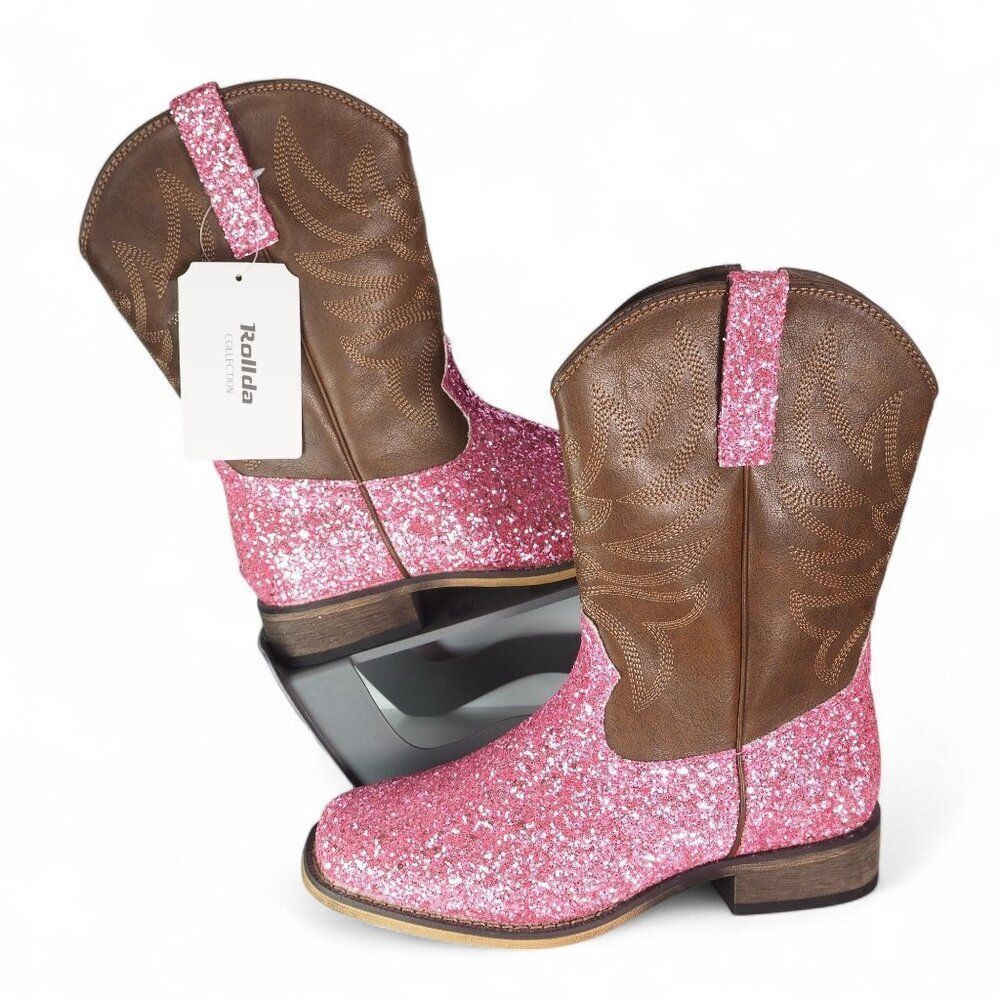 Rollda Sparkle Pink Glitter Faux Leather Western Cowboy Boots‎ NZX38 Youth 5